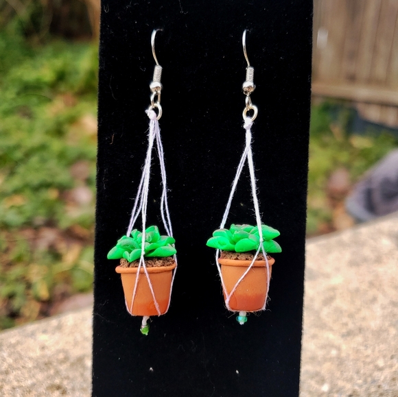 Hand Crafted Jewelry - Macrame Hanging Plant Earrings | Potted Succulent